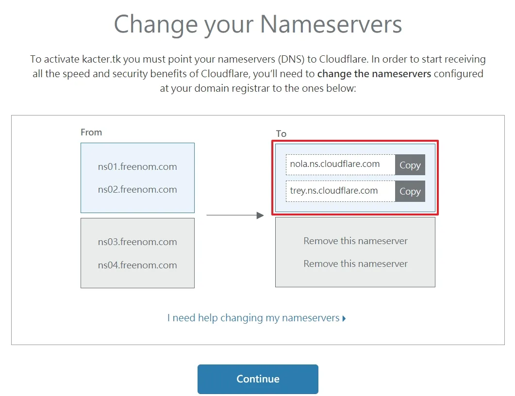 重點來了,要將他提供的 Nameservers 資訊複製起來,到你原本管理你的網域的廠商那邊覆蓋 Nameservers 資訊
