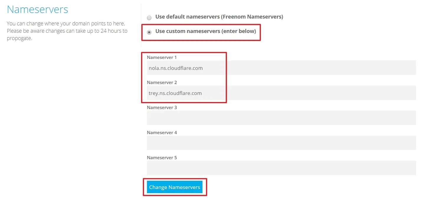 將剛剛在 CloudFlare 那邊複製起來的 Nameservers 資訊貼上去,並按存檔,這樣原本的 Freenom 就沒有權限管理你這個網域的 DNS…