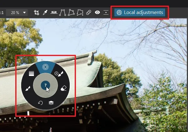 第一步就要開啟「Local Adjustments」這個工具,然後按右鍵在相片上的任何一個地方,就會出現局部調整工具