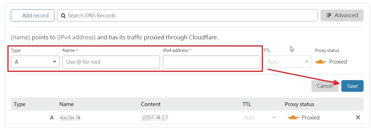 接著把剛剛從 cPanel 裡面記錄的 Shared IP 填入至下方,Name 則填入「@」即可