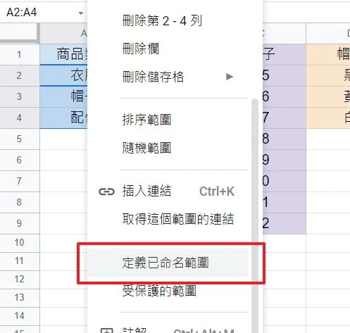 第一步,需要設定每個資料驗證的內容範圍,選擇你要設定內容的範圍後點擊右鍵的定義已命名範圍