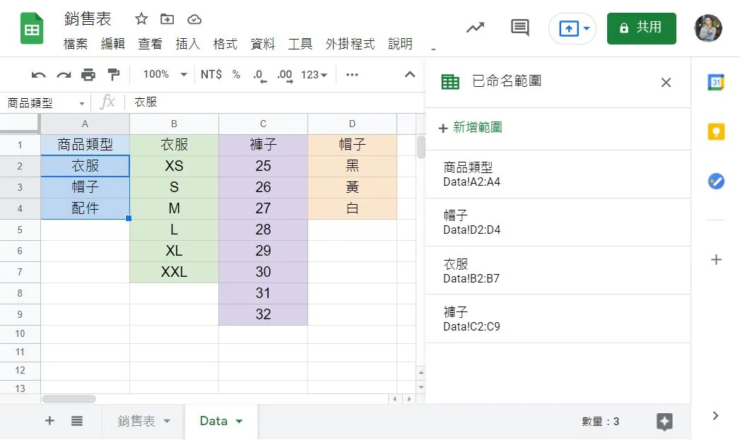 命名完成後的樣子,共命名四個項目