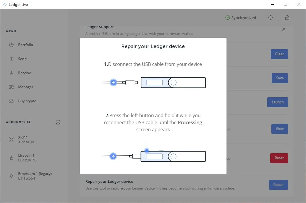 3、持續按住「左鍵」並連接 Ledger Nano S,之後按照提示就可以重灌 Ledger 的韌體了