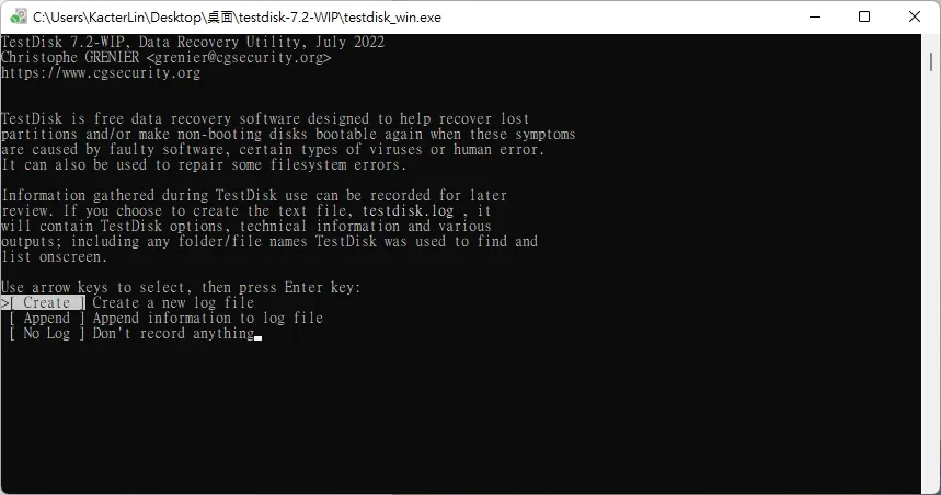 下載好軟體後,可以找到 testdisk_win.exe 這個檔案,將它開啟