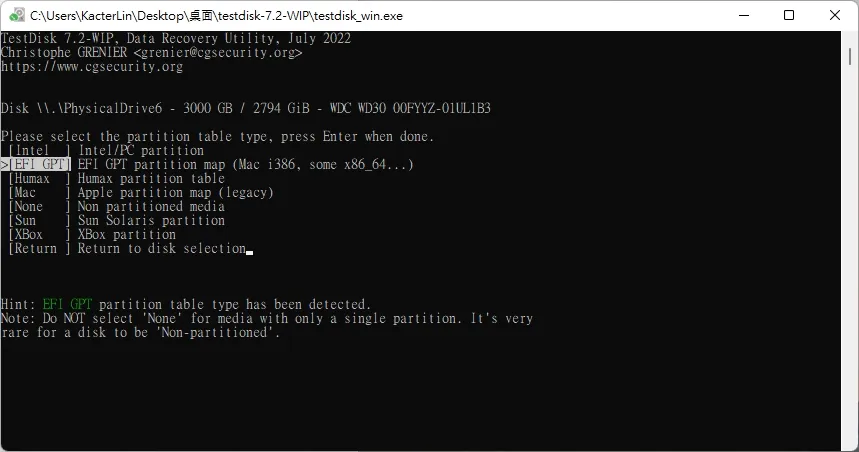 接著選擇正確磁碟分割表格式,由於我的硬碟是放在 Linux NAS 上時損毀的,所以這邊我選擇 EFI GPT
