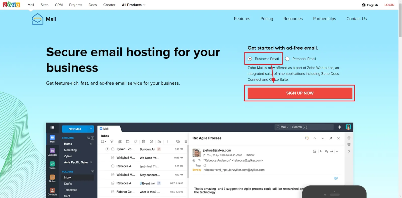 到了 Zoho Mail 的主畫面就可以看到他問你要申請個人版還是商業版,由於我們是屬於要運用自己的網域申請 Email 所以請選擇「Business Em…